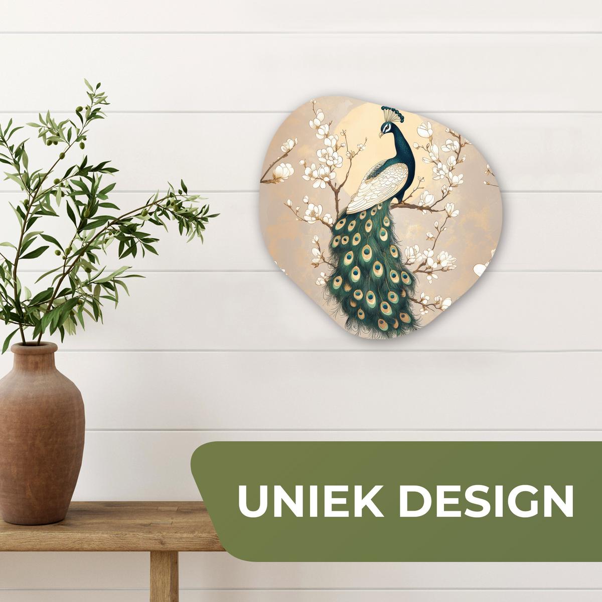 WANDBILD Pfau - Zweig - Blumen Wanddeko 40x40 cm - Champagner, Kunststoff (40/40cm) - MuchoWow