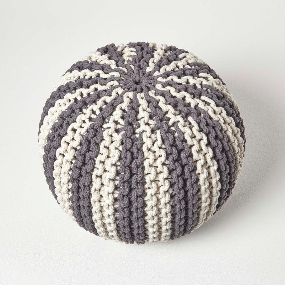 STRICKPOUF rund, grau-creme gestreift, 40/40/35 cm - Grau, Textil (40/35/40cm) - Homescapes