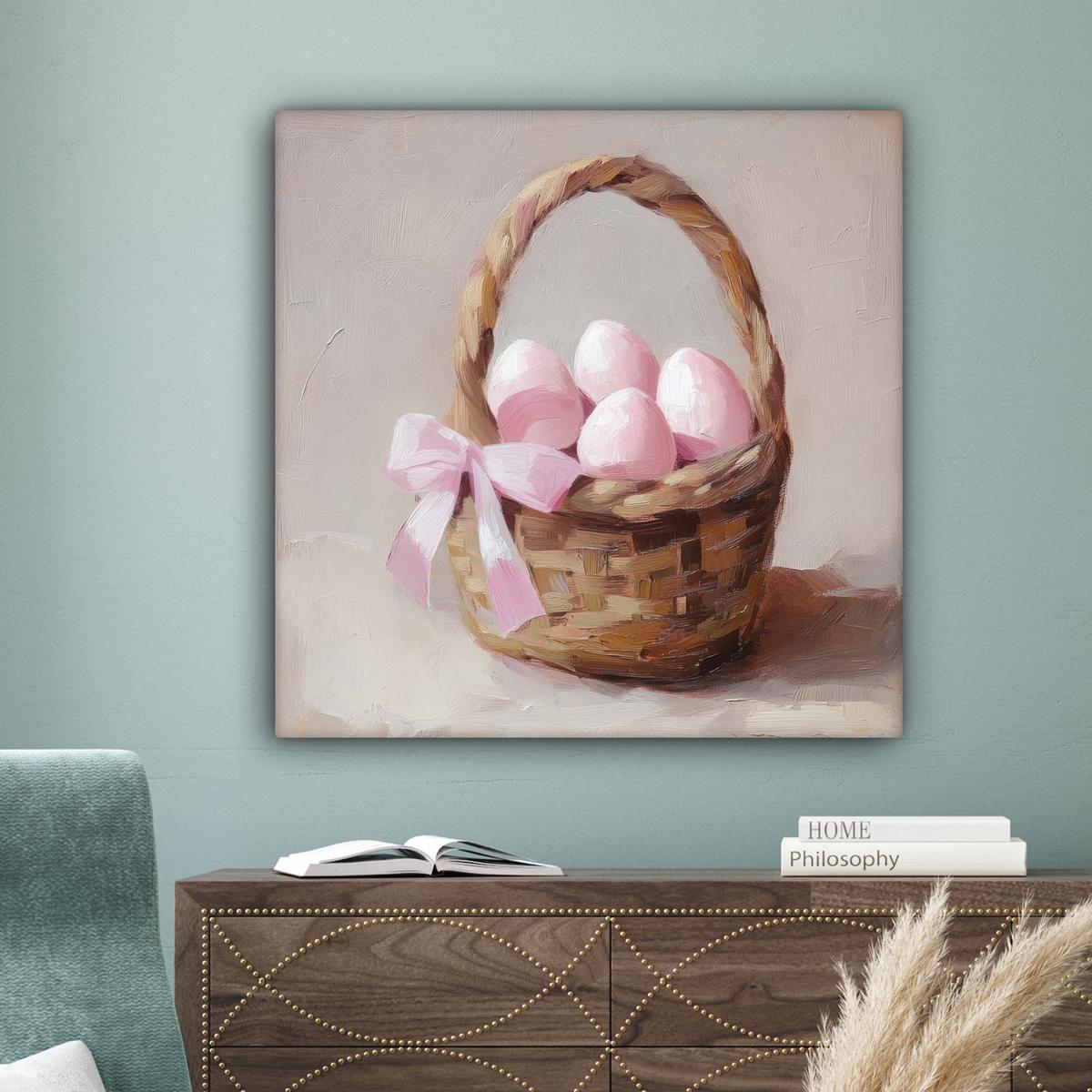 LEINWANDBILD Korb - Eier - Rosa Deko Groß 90x90 cm - Beige, Textil (90/90cm) - MuchoWow