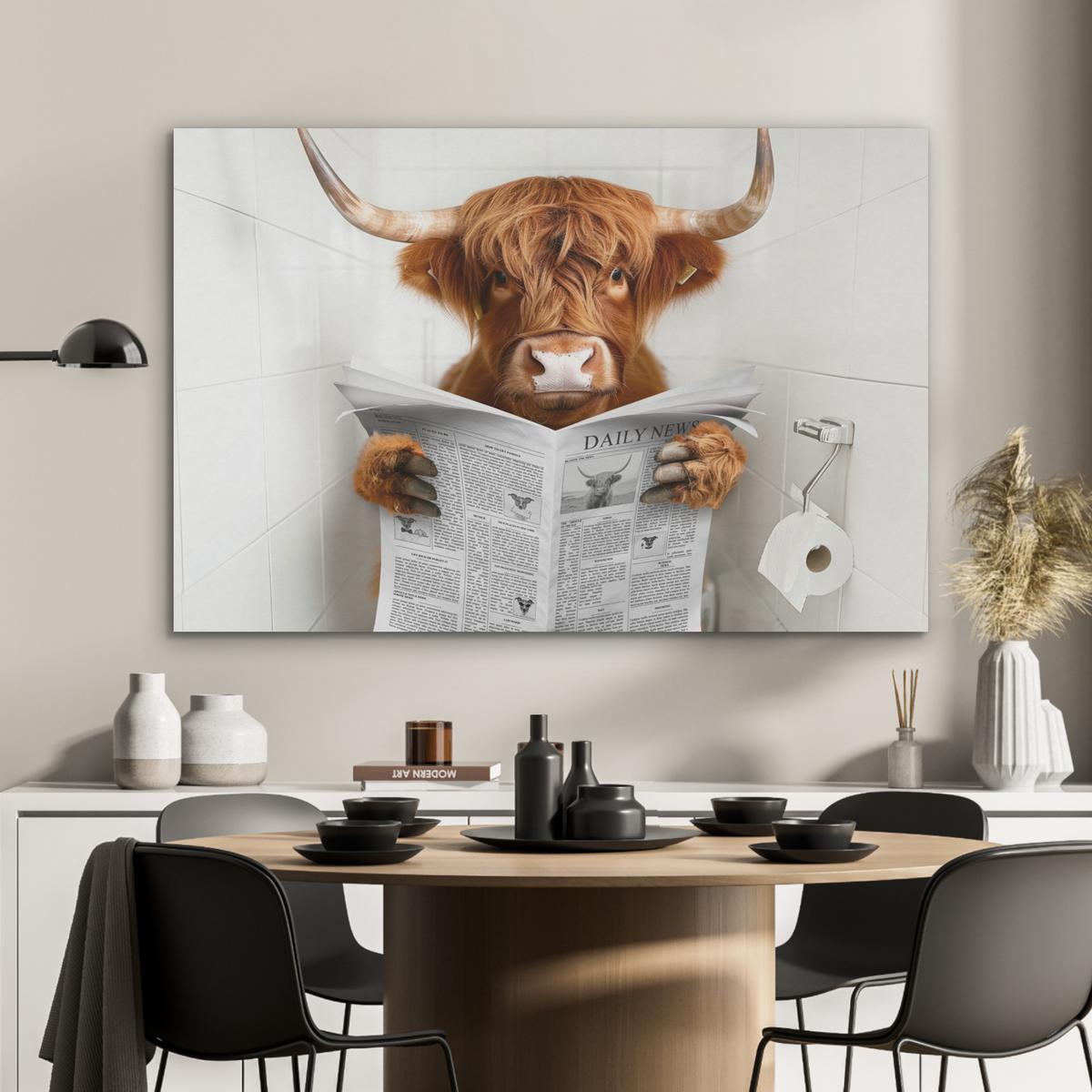 AKUSTIKBILD Schottischer Highlander - Tier - Zeitung - Toilette Wandbild Wohnzimmer 100x70 cm - Kastanienfarben, Kunststoff (100/70/0.9cm) - MuchoWow