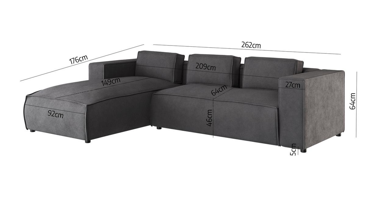 ECKSOFA Nova Grau Cord - Schwarz/Grau, Holz/Kunststoff (262/176cm) - S-Style Möbel