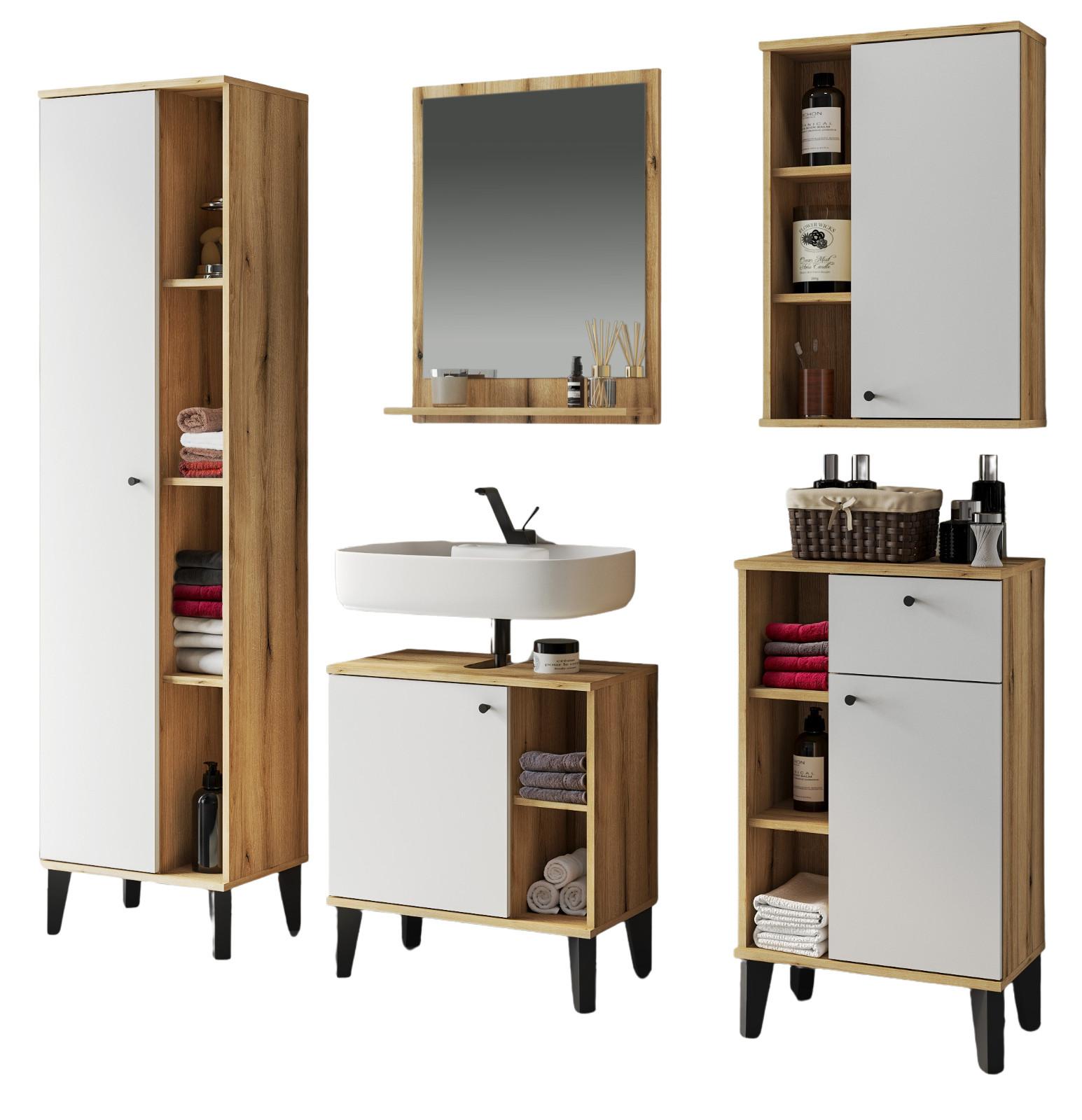BADMÖBEL-SET 5-teilig weiß, Evoke Eiche, Badkombination, 182 x 190 cm - Eichefarben/Schwarz, Glas/Holzwerkstoff (182/190/33cm) - Furn.Design