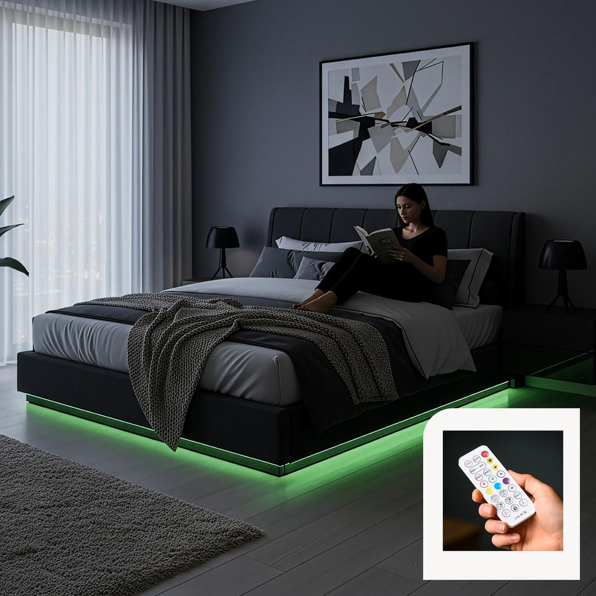 LED POLSTERBETT Tröstiar mit Matratze - Schwarz, Holzwerkstoff/Kunststoff (180/200cm) - [en.casa]