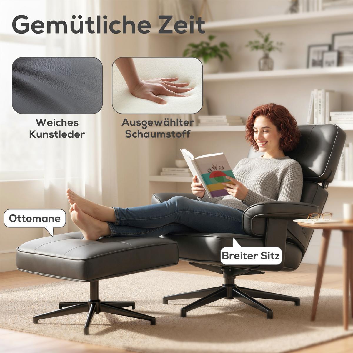 RELAXSESSEL mit Hocker Verstellbare Kopfstütze Liegefunktion Kunstleder Schwarz - Schwarz, Textil/Metall (79/89/91cm) - HOMCOM