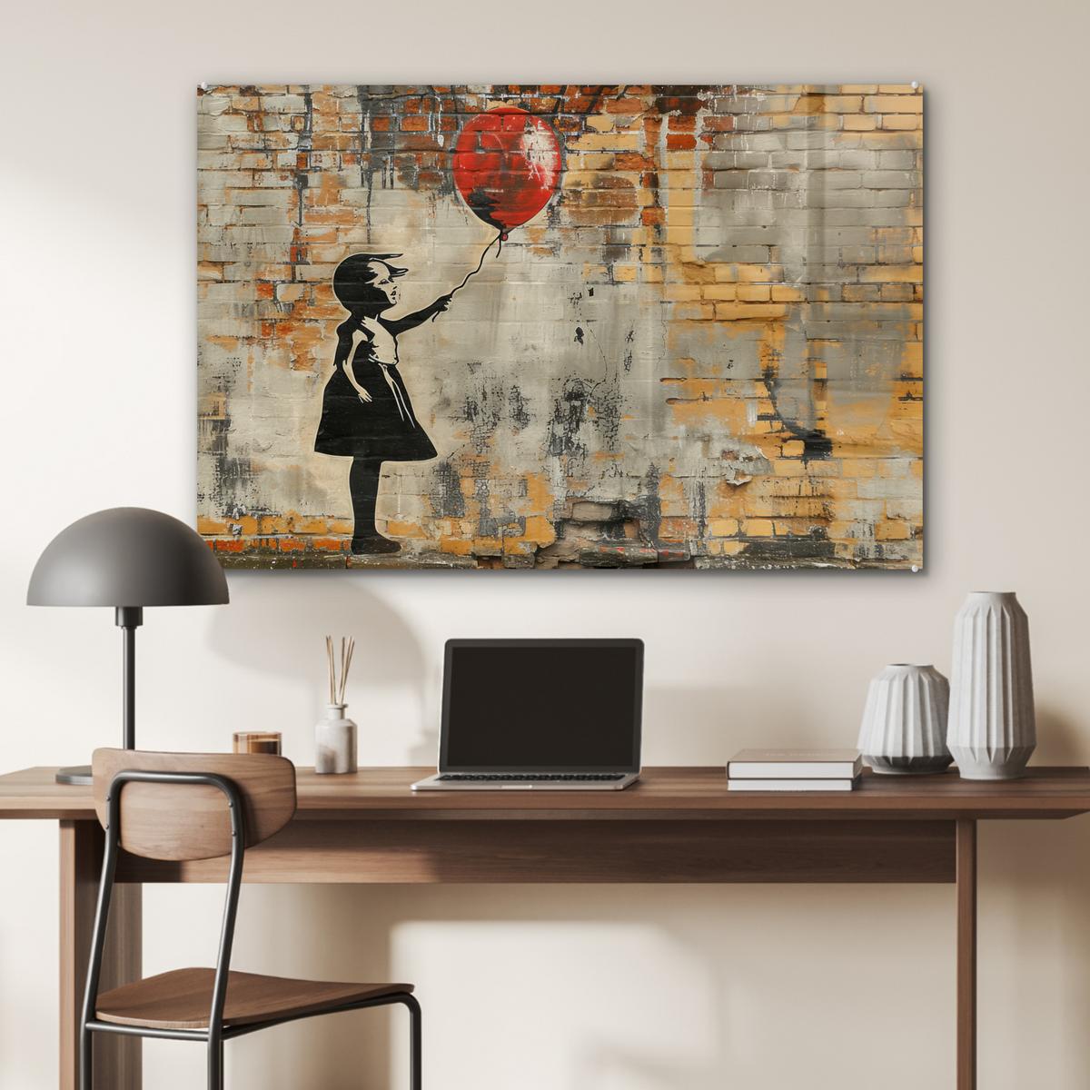 ACRYLGLASBILD Graffiti - Banksy - Mädchen - Straßenkunst Room Decor 90x60 cm - Sandfarben, Glas (90/60cm) - MuchoWow