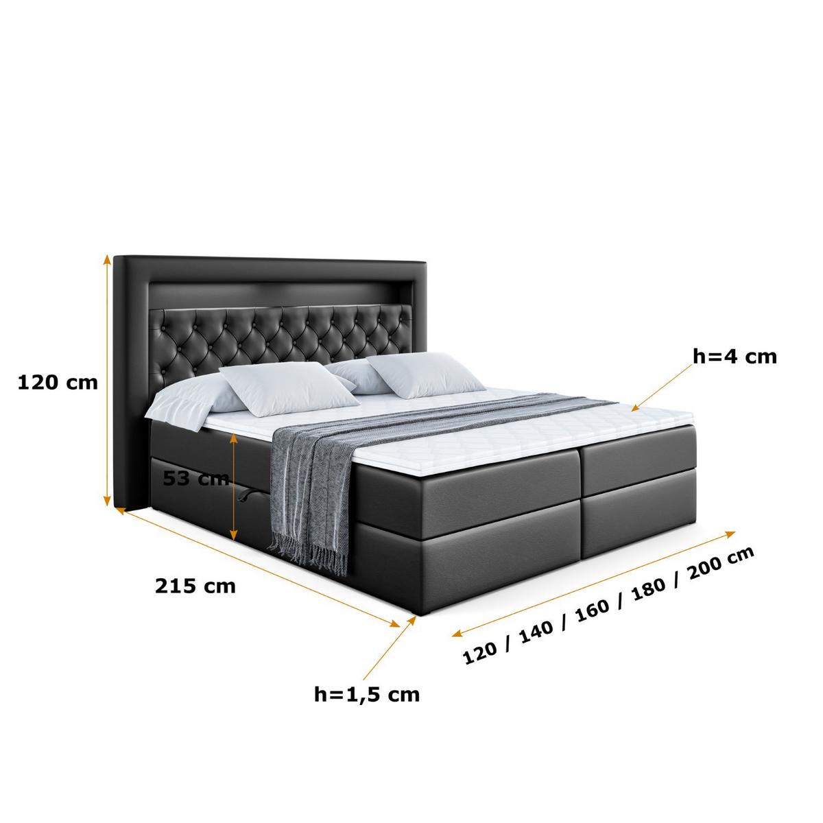 BOXBETT LED mit H3-Matratze und Lattenrost - NOEL GOLD - 180x200 Schwarz Hochglanz - Schwarz Hochglanz, Holzwerkstoff (180/200cm) - ALTDECOR