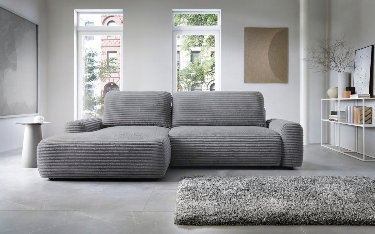ECKSOFA OSSO Grau Velours-Stoff mit Schlaffunktion - Grau, Holz (264/162cm) - MASSENO