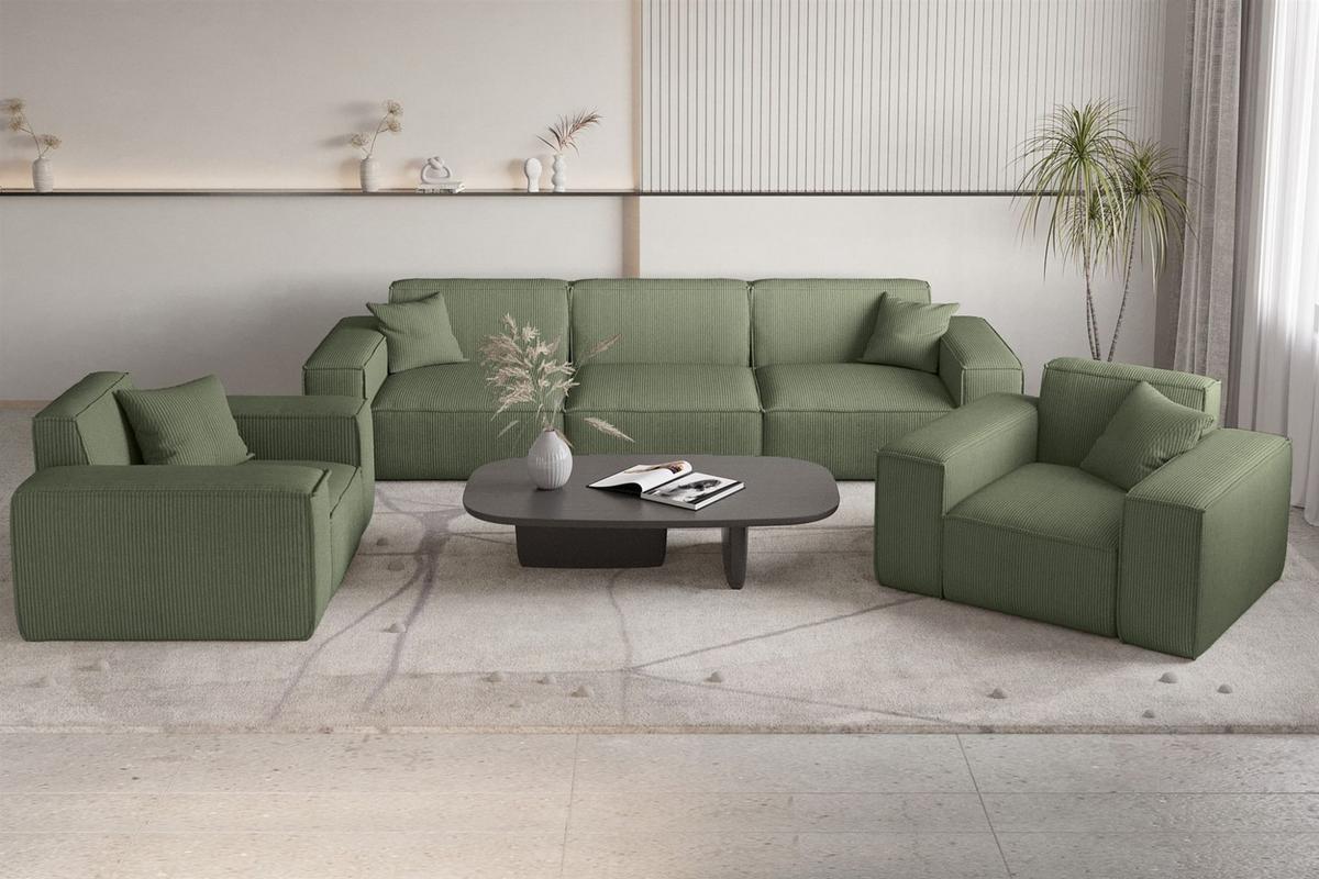 SOFASET Celes Premium 3-1-1 Stoff Scala - Jadegrün, Holzwerkstoff/Textil (225/73/88cm) - Fun Möbel