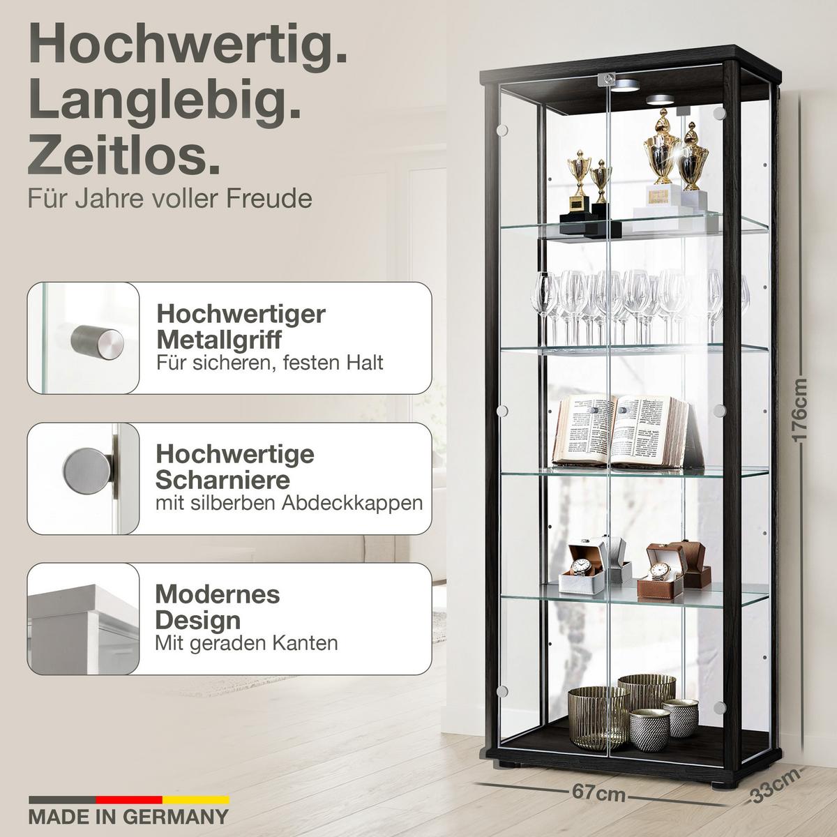 VITRINE 33/67/176 cm mit Spiegel, LED, Schloss & 4 höhenverstellbaren Glasböden - Transparent/Silberfarben, Glas/Holzwerkstoff (67/176/33cm) - K-Möbel