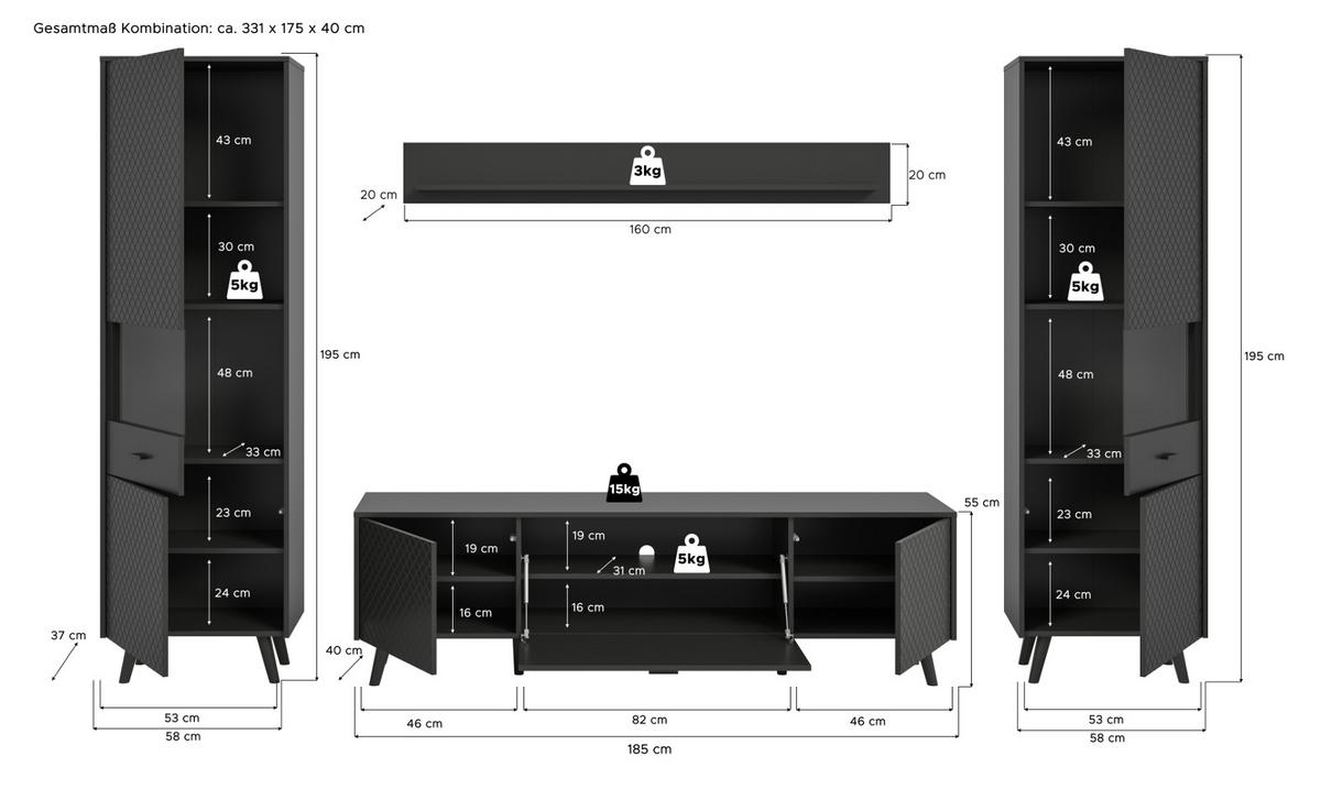 WOHNWAND grau matt 4-teilig 331 cm, Schrankwand mit Struktur - Schwarz/Grau, Glas/Holzwerkstoff (331/195/40cm) - Inn.Furn