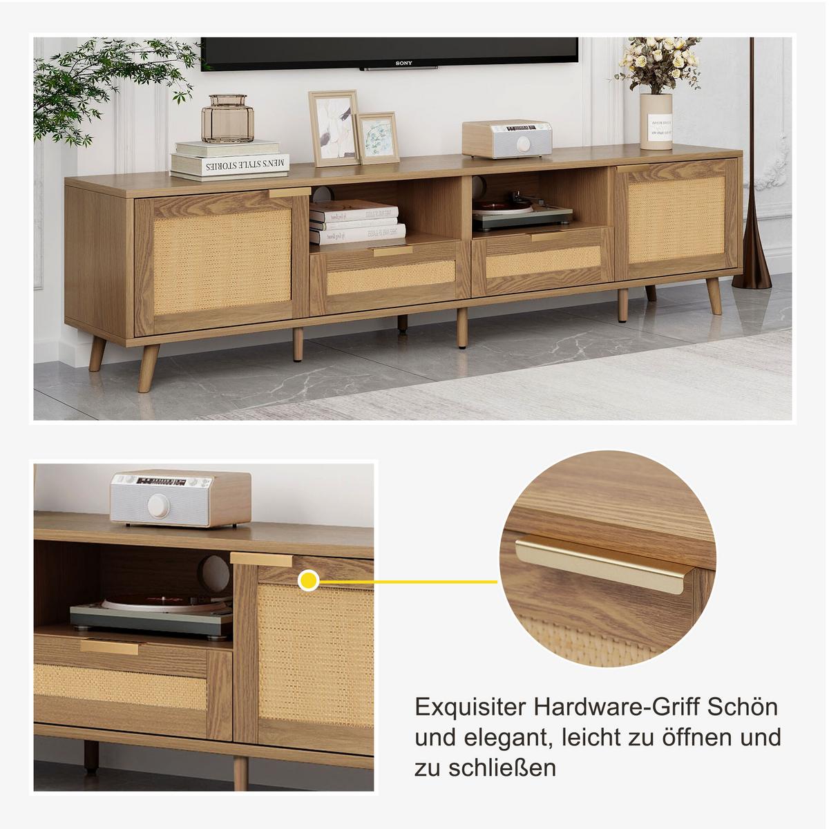TV STOLÍK Z RATANU – nohy z masívneho dreva – 200 x 37 x 49 cm - Braun, Holz (37/49/200cm) - Urban Meuble