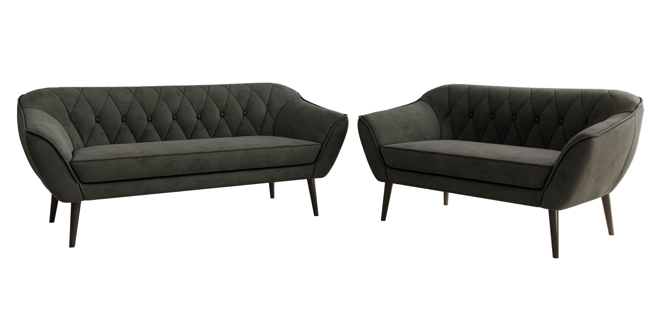 SITZGARNITUR PIRS 3+2 - Dunkelgrau Velvet - Schwarze Beine - Dunkelgrau/Schwarz, Holzwerkstoff/Textil (180/75/74cm) - MKS