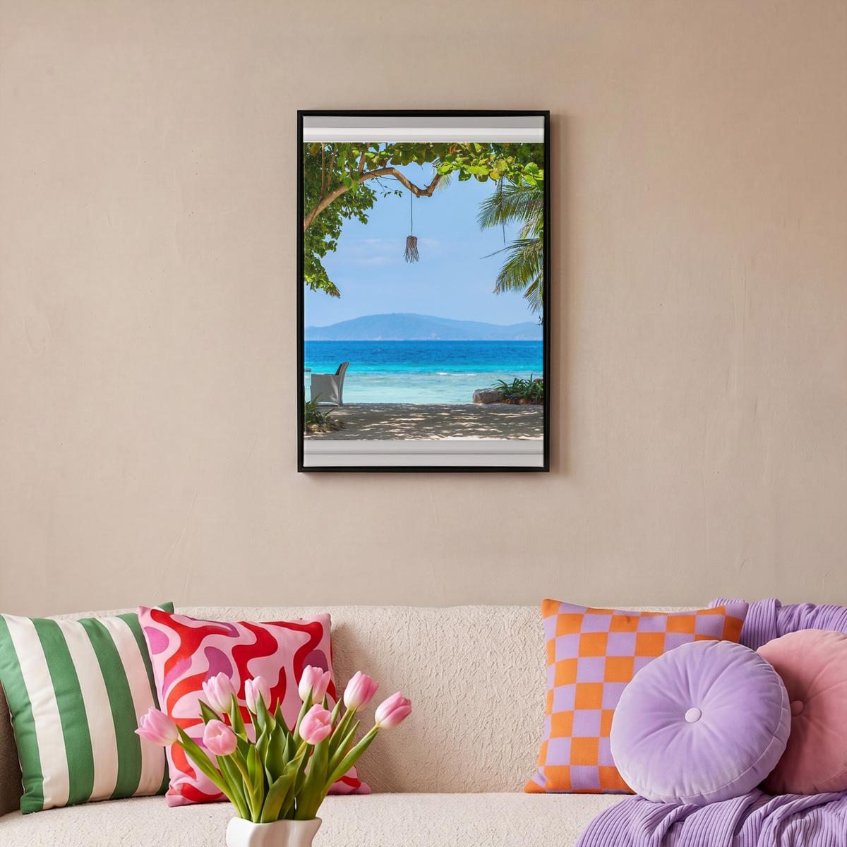 LEINWAND Bilder mit Rahmen - Aussicht - Baum - Meer - Palme - Hügel - Strand - Blau - 40x60 - Blau, Textil (40/60cm) - MuchoWow