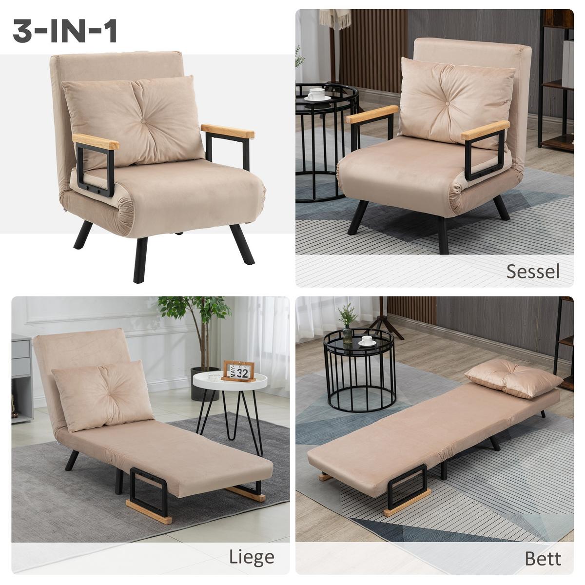 SCHLAFSESSEL, Einzelsofa mit Bettfunktion, Relaxsessel mit Rückenkissen Beige - Beige/Schwarz, Holz/Textil (73/81/63cm) - HOMCOM