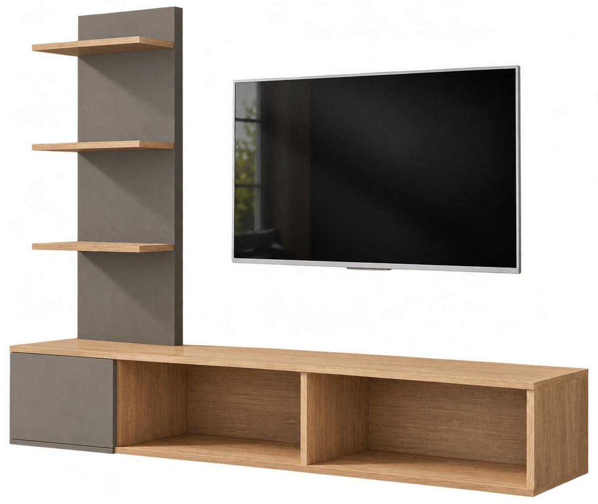 TV-LOWBOARD Eiche mit Lehm-Grau 180 cm hängend, TV Unterschrank Set mit Paneel und Regal - Eichefarben/Hellgrau, Holzwerkstoff (180/130/40cm) - Inn.Furn