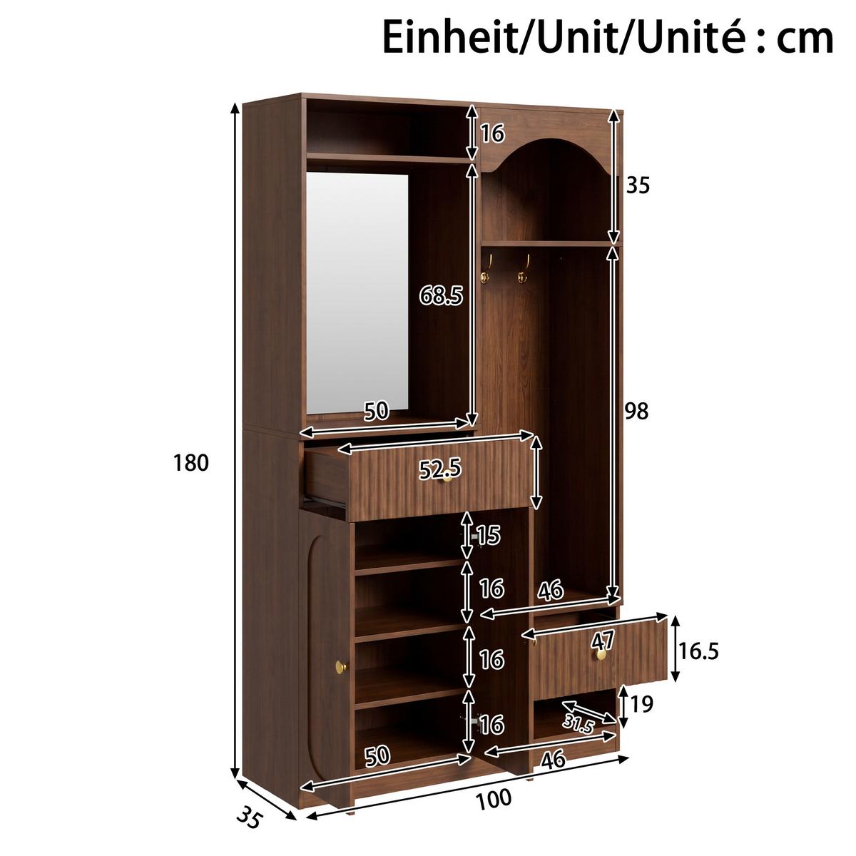 GARDEROBE 100cm Walnuss mit LED, Spiegel, Schuhschrank & Sitzbank - Walnussfarben, Holzwerkstoff (100/180/35cm) - Urban Meuble