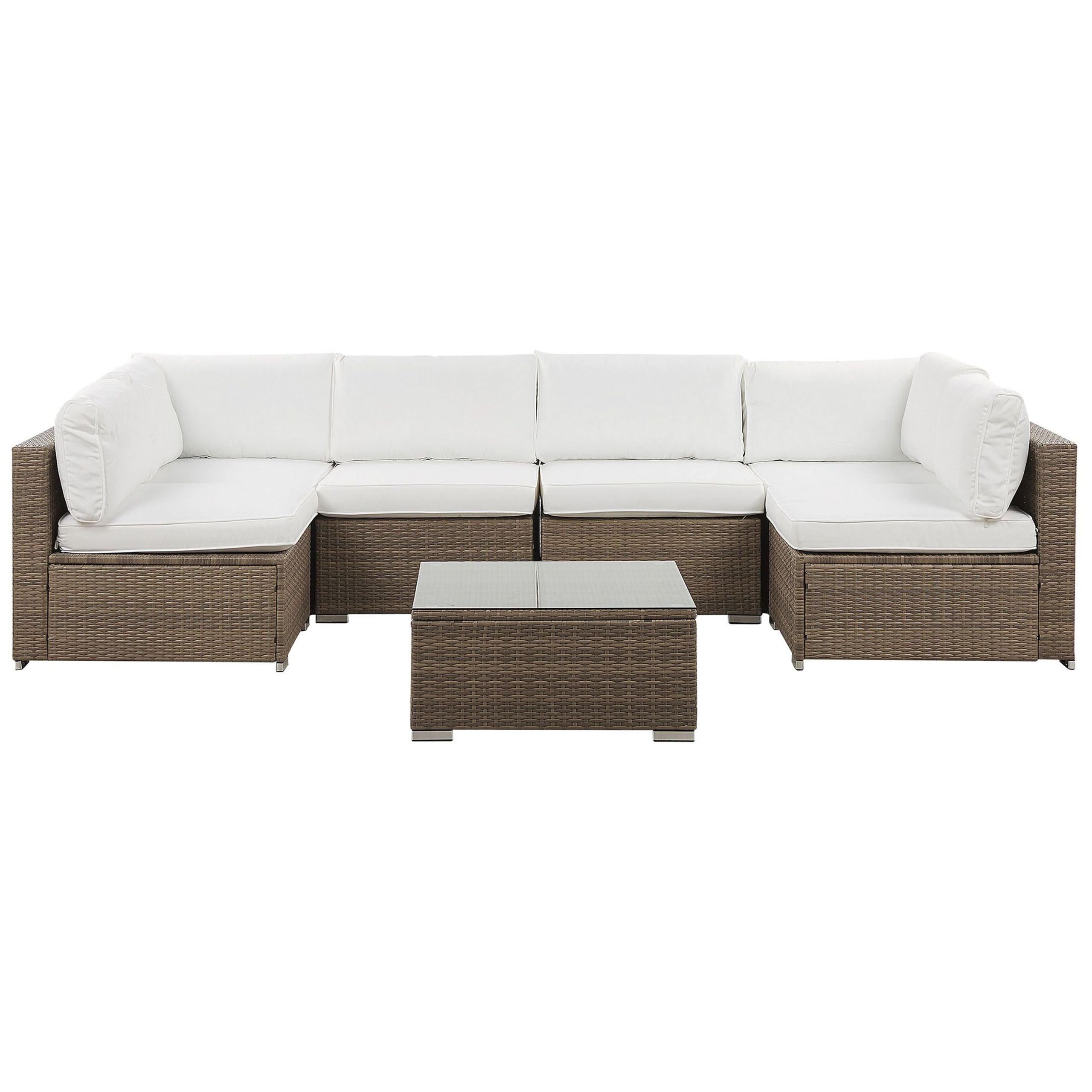 LOUNGE-SET 6-Sitzer modular Braun Auflagen Weiß Belvedere - Braun/Weiß, Kunststoff - Beliani