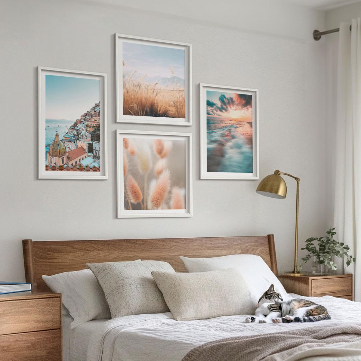 BILDER SET 4er Set - 50x50 cm & 40x60 cm Weißer Rahmen - Sonnenuntergang am Meer, Häuser, Blumen - Weiß, Kunststoff (50/50cm) - TULUP