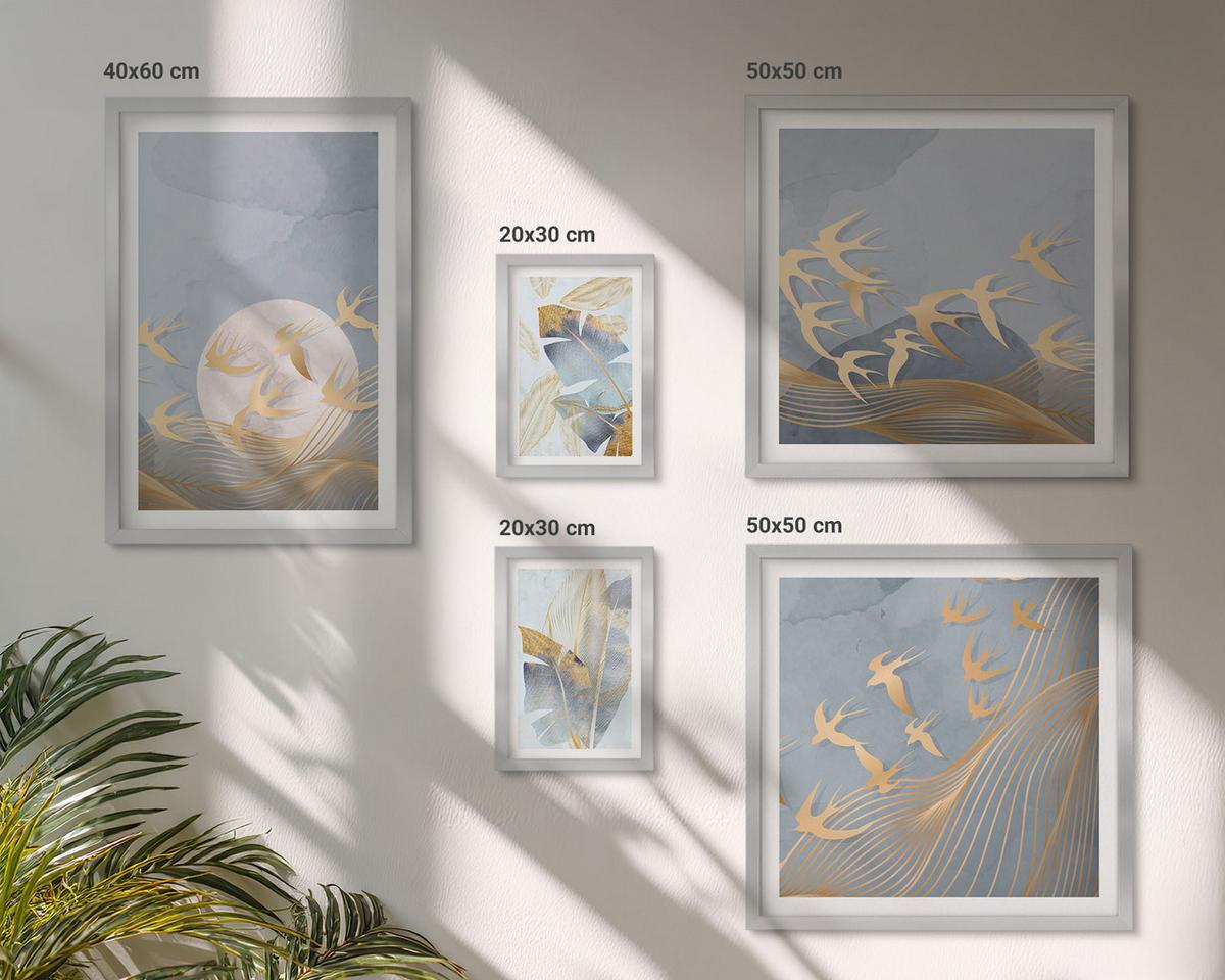 BILDER SET 5er Set - 50x50 cm & 20x30 cm & 40x60 cm Silberner Rahmen - Blaubeige Blätter im Hintergrund - Silberfarben, Kunststoff (40/60cm) - TULUP