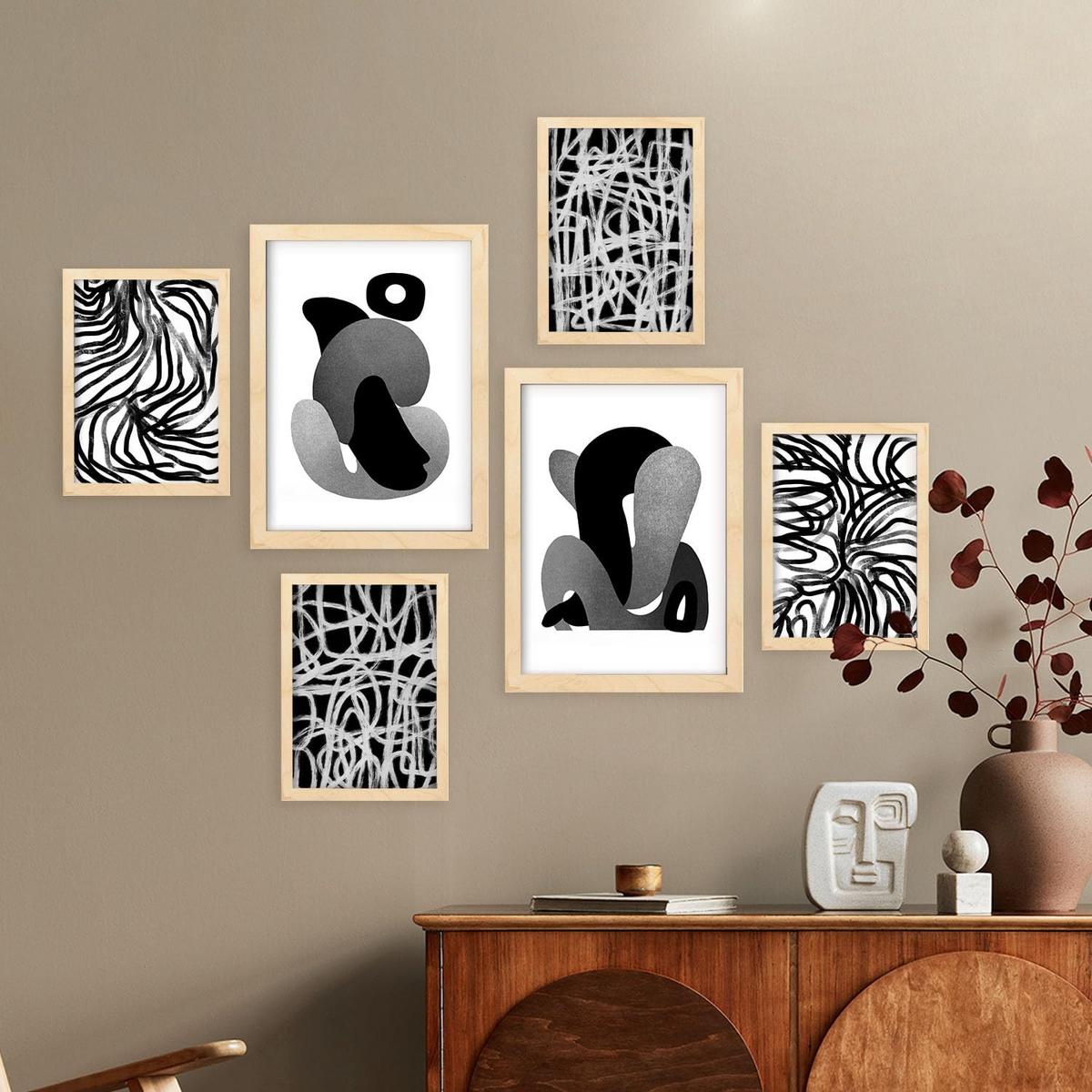 POSTER Set Mit 6 Kaput Handwerk In Liebhaber Abstrakt Ästhetische Dekorative Gemälde Für Ihr Wohnzimmer Zuhause A3 & A4 Rahmen Aus Hellem Holz - Beige, Papier (29/3cm) - Nacnic