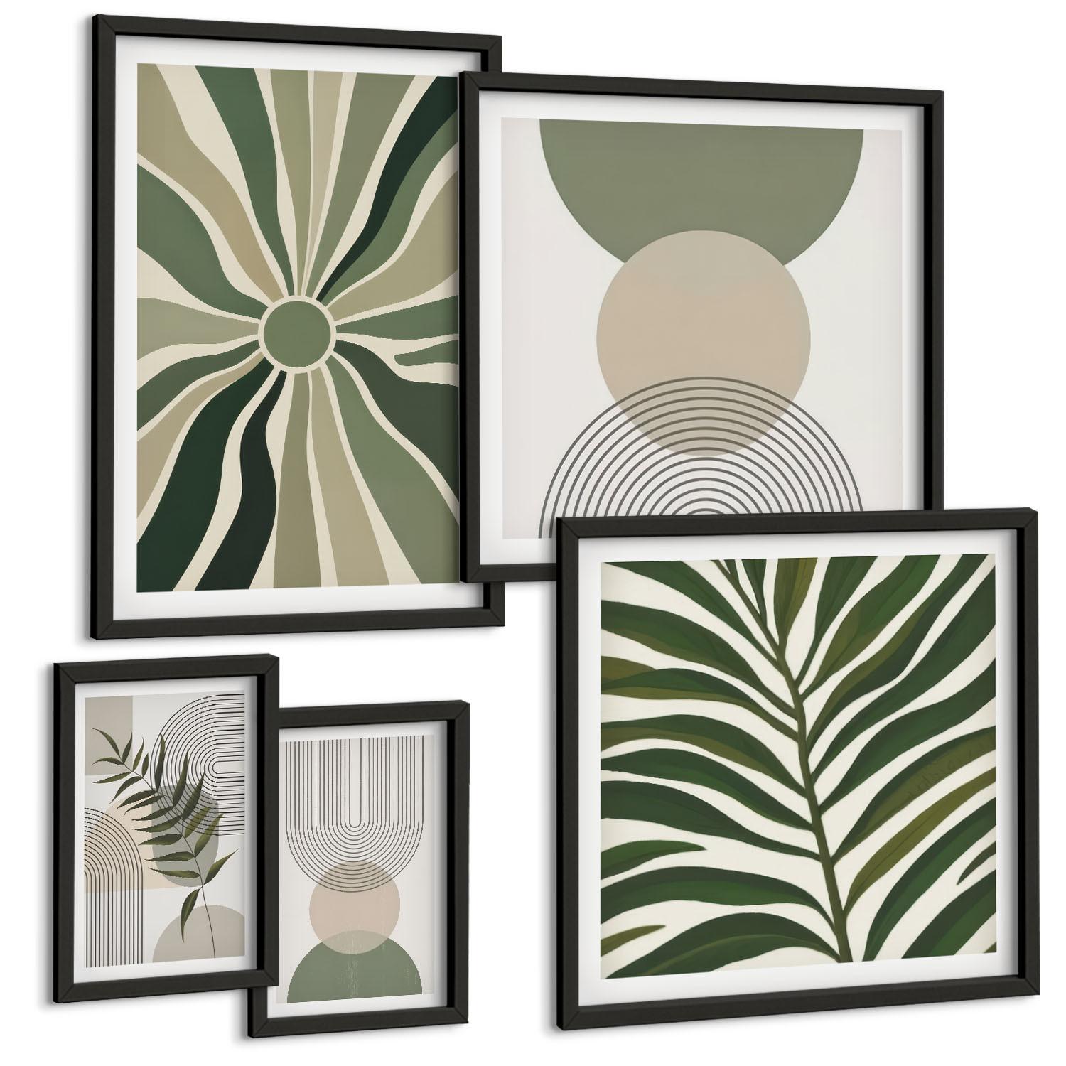 BILDER SET 5er Set - 50x50 cm & 20x30 cm & 40x60 cm Schwarzer Rahmen - Abstrakte Blätter im Boho-Stil - Schwarz, Kunststoff (40/60cm) - TULUP