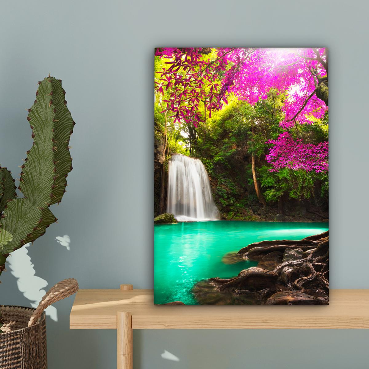 LEINWANDBILD Wasserfall mit bunten Blumen und Bäumen - Natur - Dschungel Deko Wohnzimmer 20x30 cm - Waldgrün, Textil (20/30cm) - MuchoWow