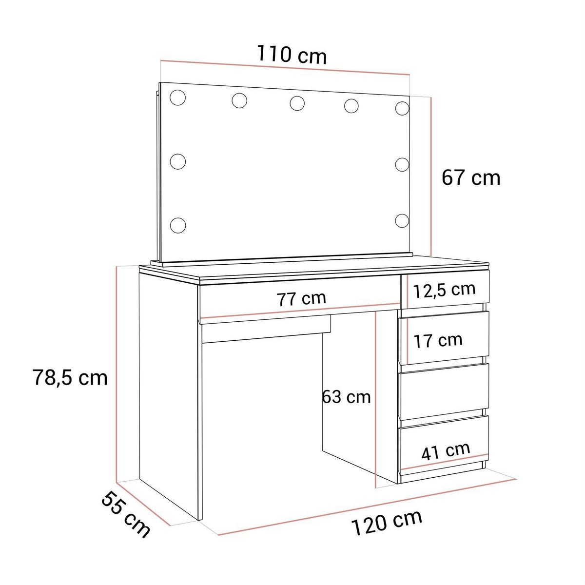 SCHMINKTISCH AURORA II ELITE KASCHMIR mit Spiegel und Beleuchtung - Kaschmir, Holzwerkstoff (120/145/55cm) - Lookway