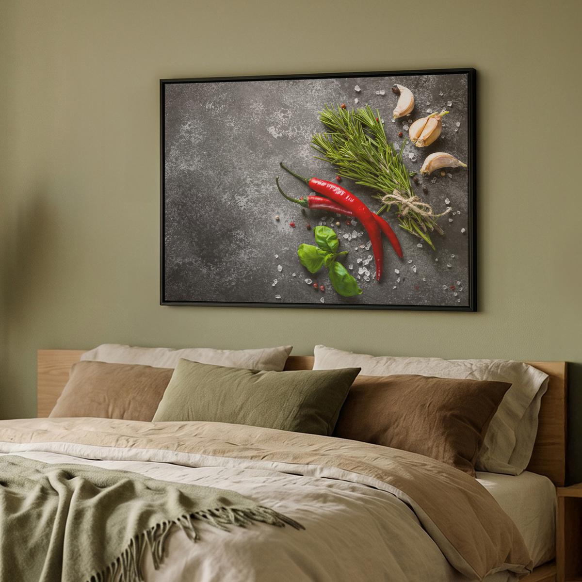 LEINWAND Bilder mit Rahmen - Pfeffer - Kräuter - Gewürze - Beton - 100x70 - Dunkelgrau, Textil (100/70cm) - MuchoWow