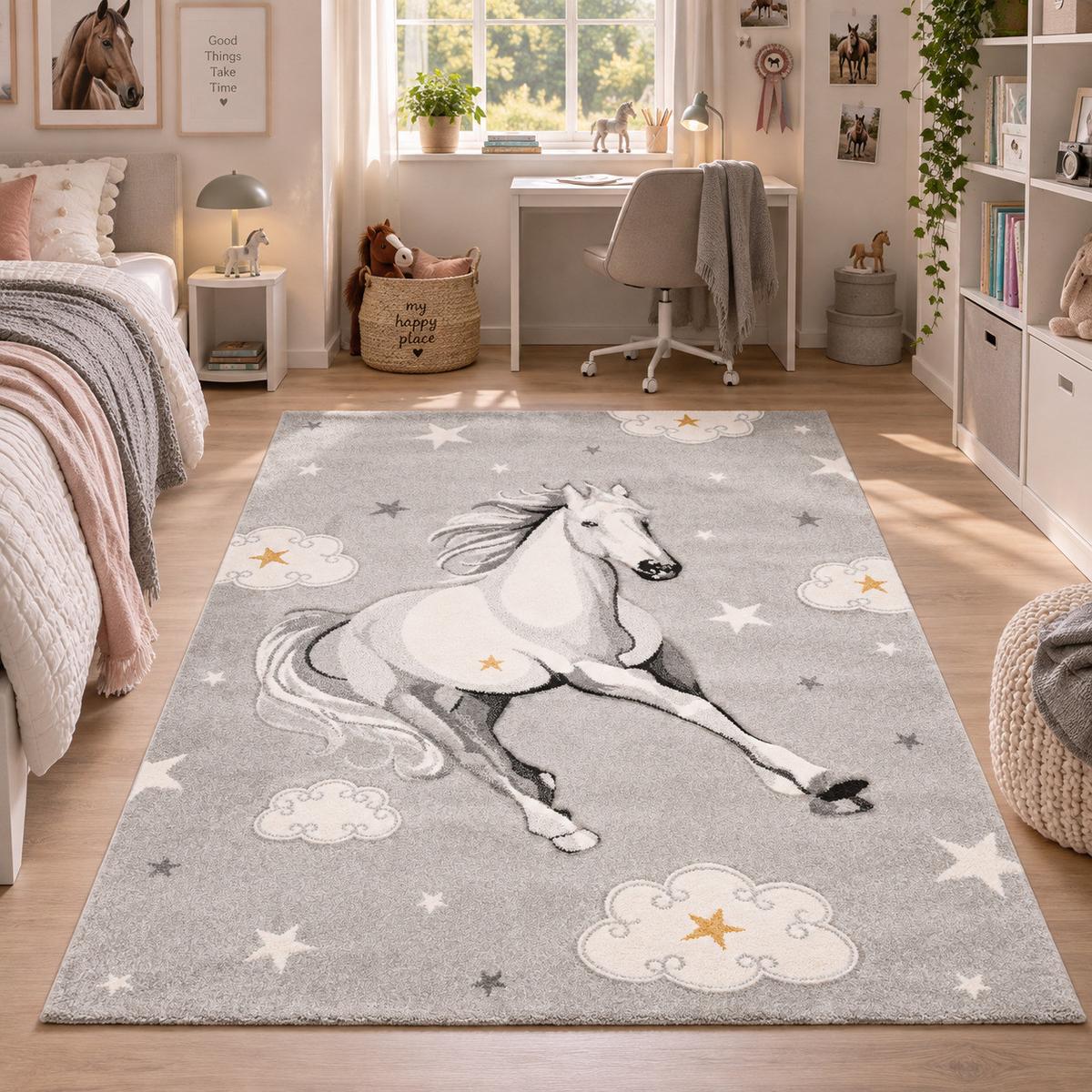 KINDER TEPPICH MAUI KIDS PFERD STERNE - Grau, Textil (160/230cm) - Pergamon