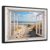 LEINWAND Bilder mit Rahmen - Fenster - Meer - Küste - Natur - Ausblick - Strand - Wattenmeer - 30x20 - Beige, Textil (30/20cm) - MuchoWow