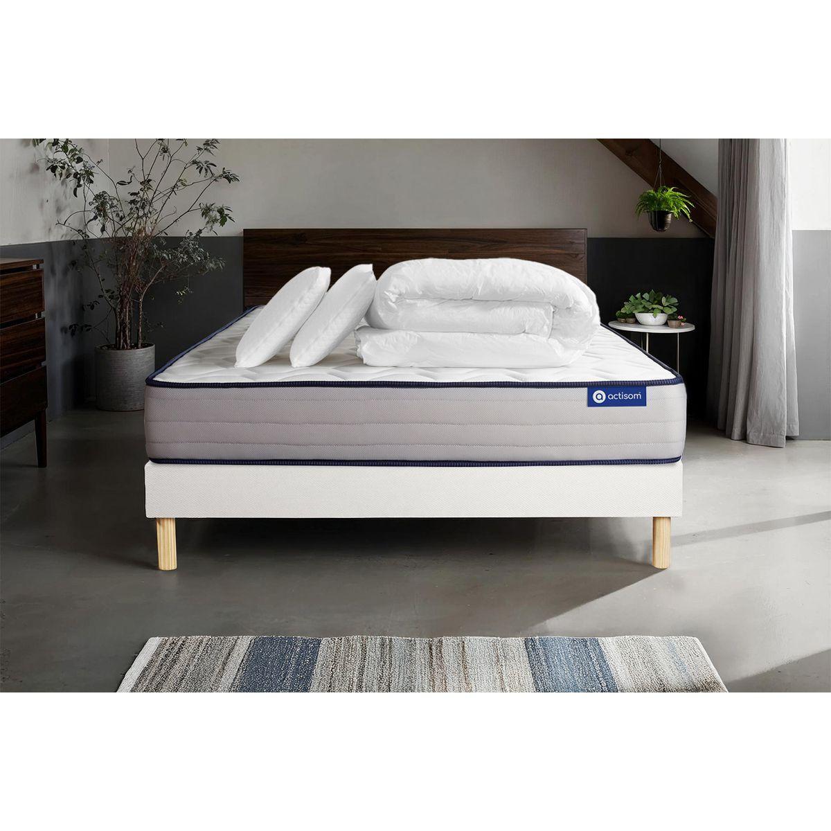BETT Actimemo form Memory-Schaum 160 x 200 cm h3 - Kit Bettgestell Weiß - Mit Kissen und Bettdecke - Beige/Weiß, Karton/Holz (160/200cm) - ACTISOM