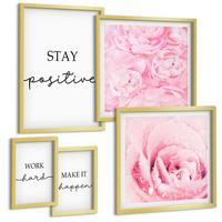 BILDER SET 5er Set - 50x50 cm & 20x30 cm & 40x60 cm Goldrahmen - Minimalistische rosa Blüten - Goldfarben, Kunststoff (40/60cm) - TULUP