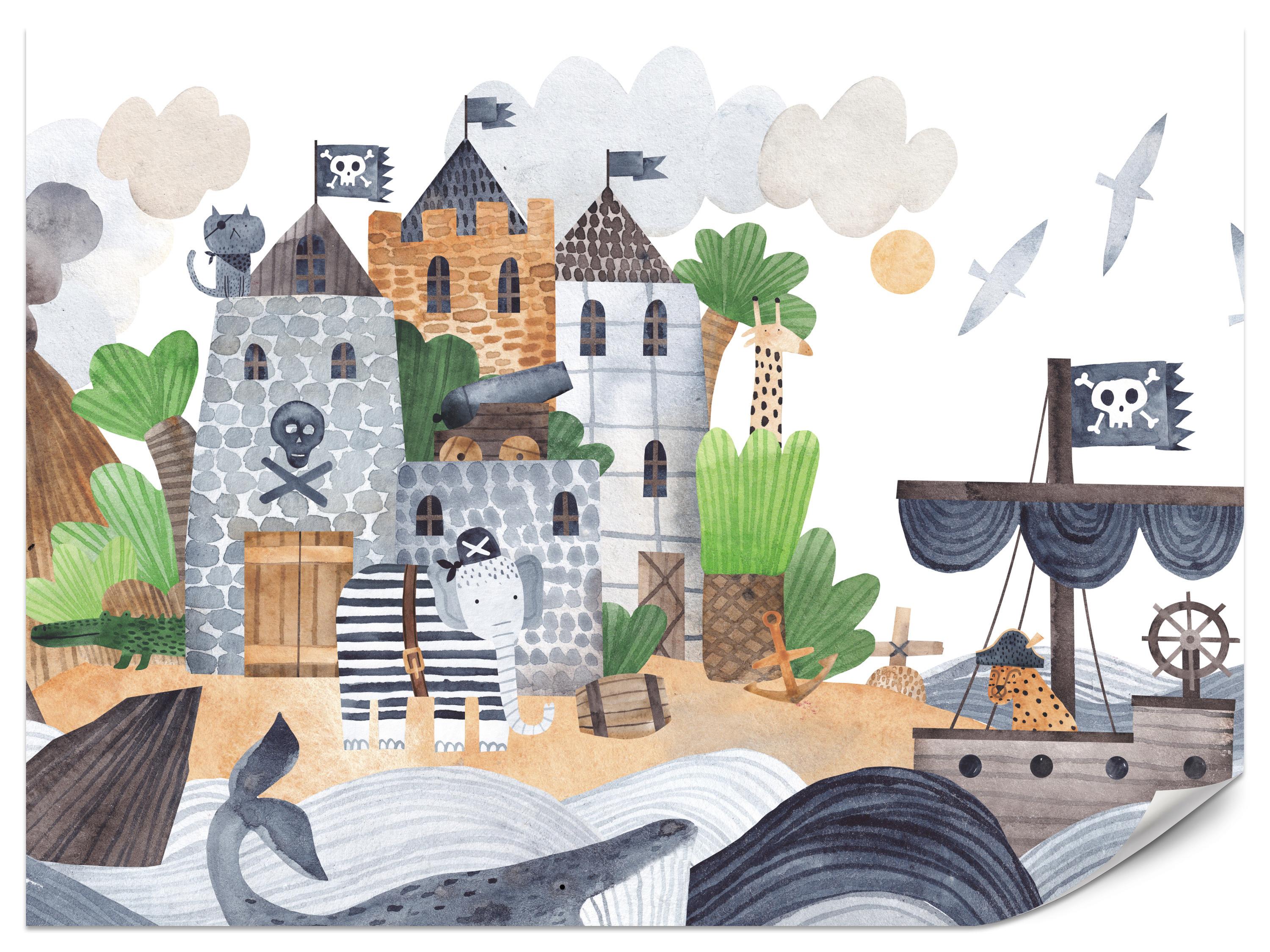 FOTOTAPETE für Kinderzimmer Märchen Piratenfestung Schiff Meereswellen 150x105 - Blau/Beige, Papier (150/105cm) - Muralo