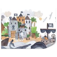 FOTOTAPETE für Kinderzimmer Märchen Piratenfestung Schiff Meereswellen 150x105 - Blau/Beige, Papier (150/105cm) - Muralo