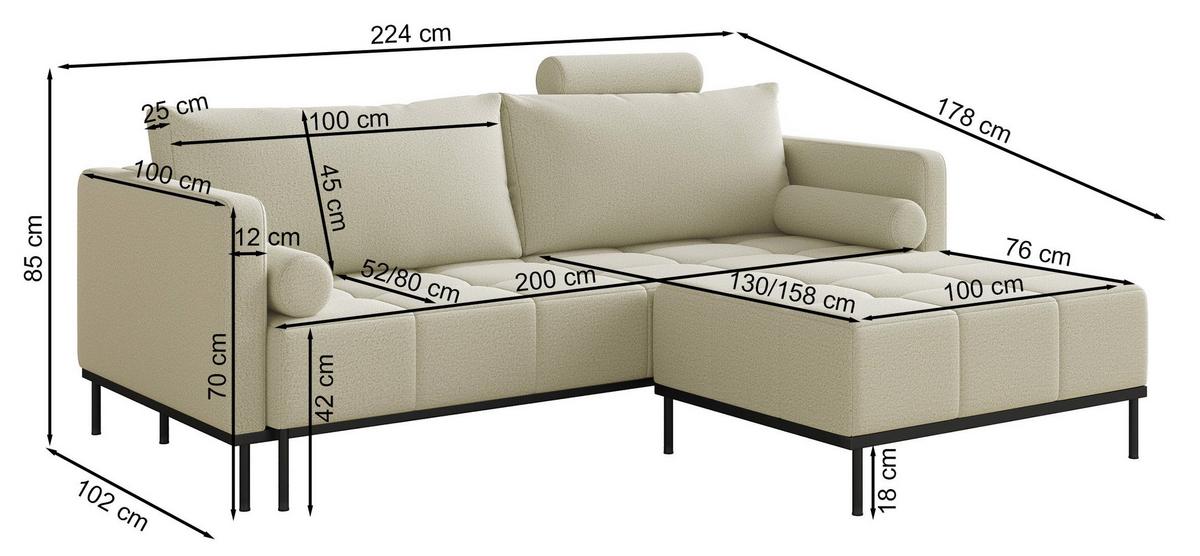SCHLAFSOFA Skilia mit Schlaffunktion, 3-Sitzer 224 cm - Graubraun/Schwarz, Textil/Metall (224/85/102cm) - Selsey