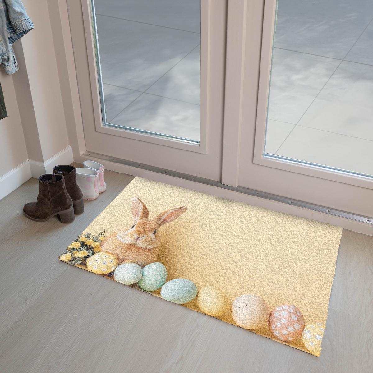 FUSSMATTE Eier - Kaninchen - Pastellfarbtöne Schmutzmatte 90x60 cm - Hellgelb, Kunststoff (60/90cm) - MuchoWow
