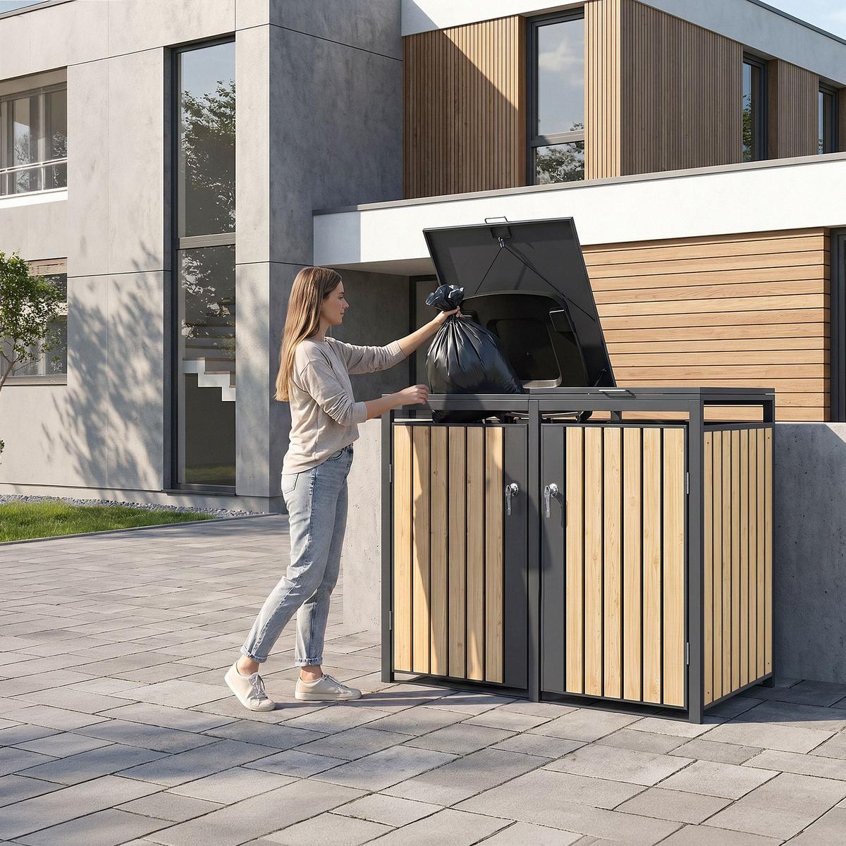 MÜLLTONNENBOX 4er Anthrazit-Holzoptik - Naturfarben, Metall (264/120/80cm) - ML-DESIGN