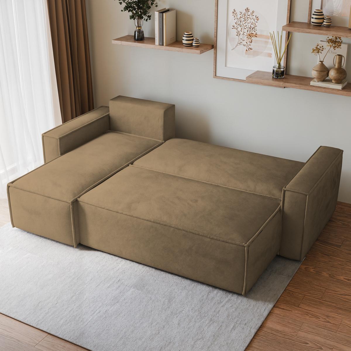 ECKSOFA RAVELO M Beige Velours-Stoff mit Schlaffunktion - Beige/Grau, Holz/Kunststoff (240/140cm) - MASSENO