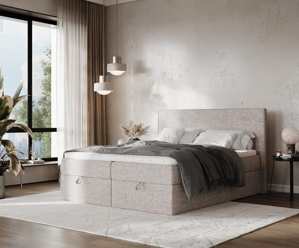 BOXBETT Velma 140/200 cm Beige im Neve Stoff - Beige/Schwarz, Holz/Holzwerkstoff (140/200cm) - AltaBeds