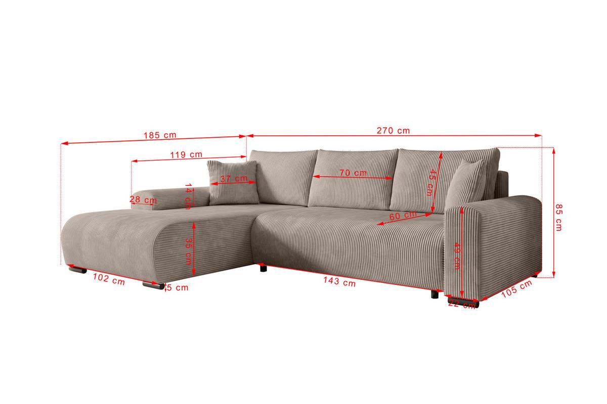 ECKSOFA Nelly mit Bettkasten und Schlaffunktion, Cordstoff in L-Form - Beige, Textil (270/185cm)