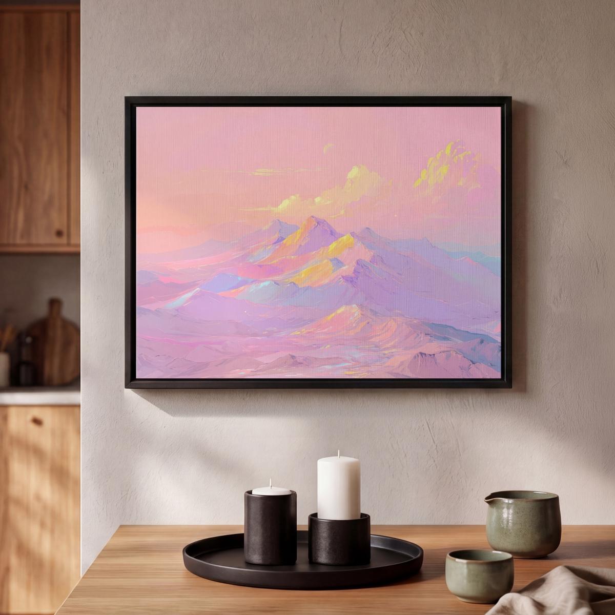 LEINWAND Bilder mit Rahmen - Berggipfel - Wolken - Verträumt - 40x30 - Hellrosa, Textil (40/30cm) - MuchoWow