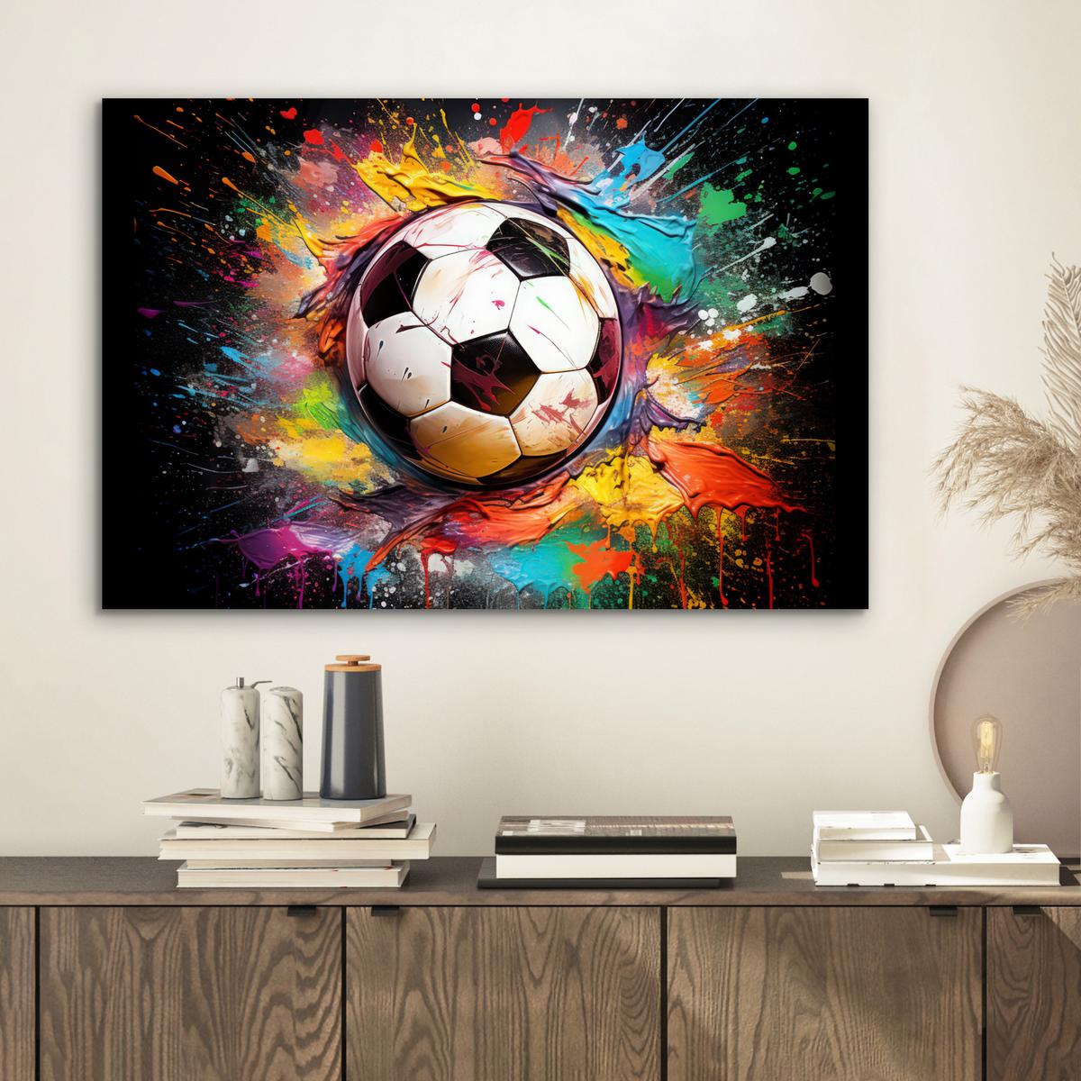 METALLBILD Fußball - Farbe - Farben - Schwarz - Weiß Wandbild 60x40 cm - Weiß, Metall (60/40cm) - MuchoWow