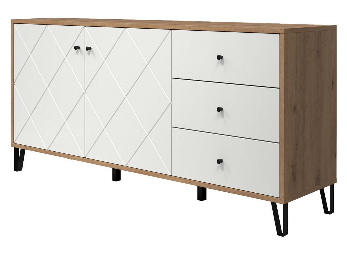 SIDEBOARD weiß matt mit Rautenoptik, Eiche Artisan 183 cm, Kommode mit Soft-Close - Eichefarben/Schwarz, Holzwerkstoff/Kunststoff (183/76/40cm) - Top.Furn