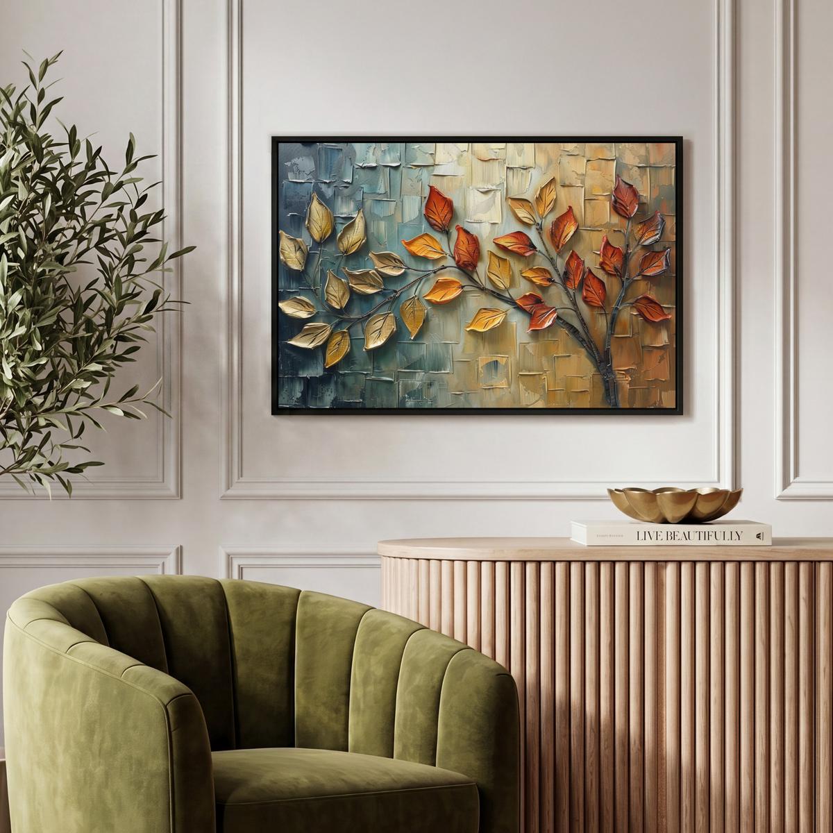 LEINWAND Bilder mit Rahmen - Baum - Abstrakt - Natur - Kunst - 60x40 - Goldfarben, Textil (60/40cm) - MuchoWow