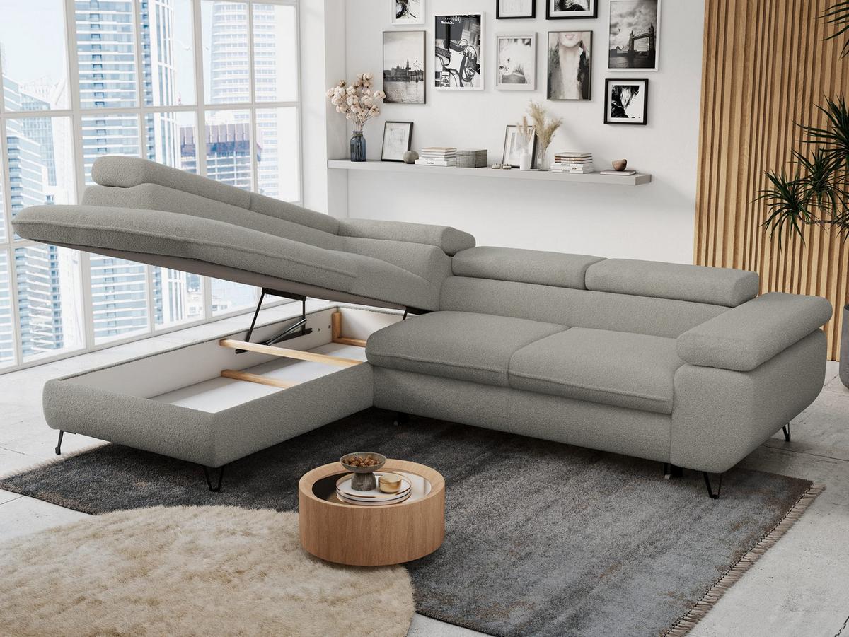 ECKSOFA PETER L Hellgrau Boucle - Links Seite - Hellgrau/Schwarz, Textil/Metall (208/273cm) - MKS