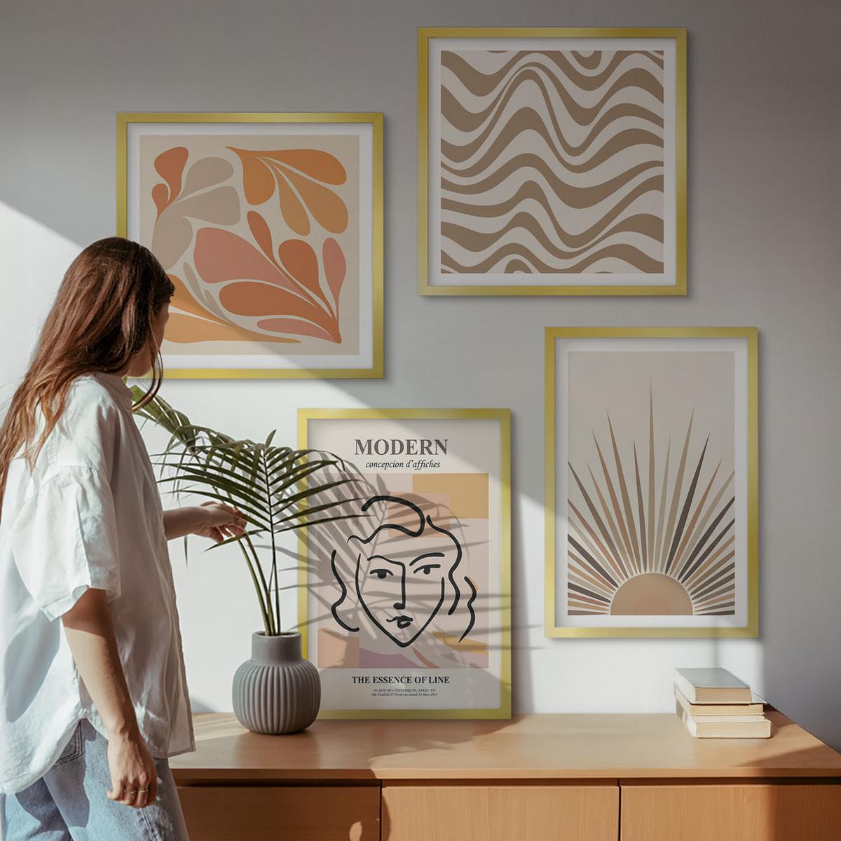BILDER SET 4er Set - 50x50 cm & 40x60 cm Goldrahmen - Sonnen-Boho-Pastelltönen - Goldfarben, Kunststoff (50/50cm) - TULUP