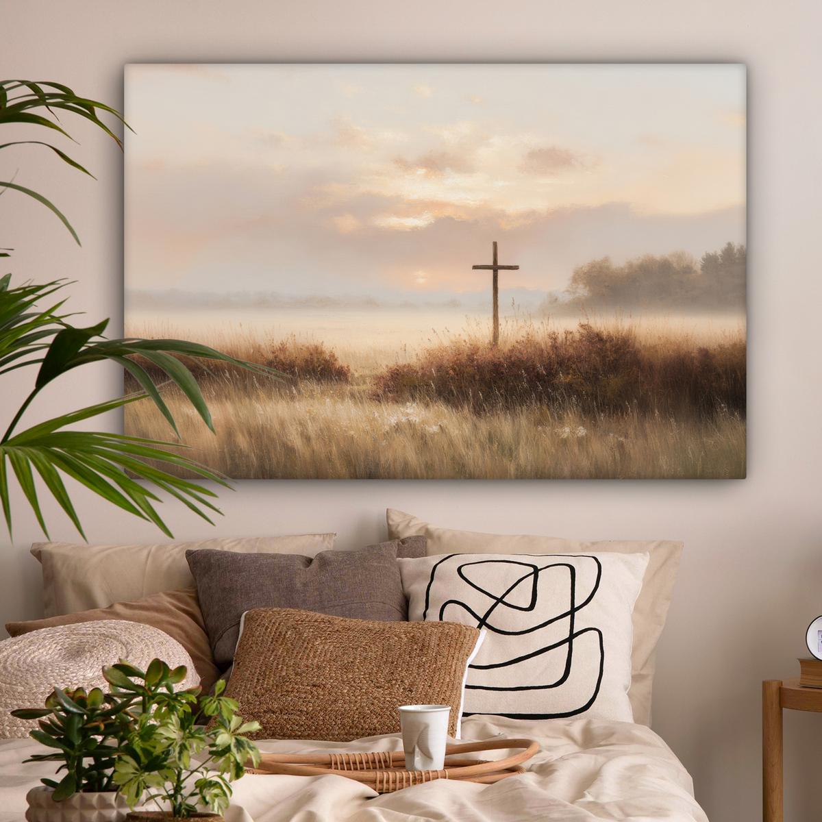 LEINWANDBILD Gras - Morgennebel - Kreuz - Christentum Wohnzimmer Groß 120x80 cm - Beige, Textil (120/80cm) - MuchoWow