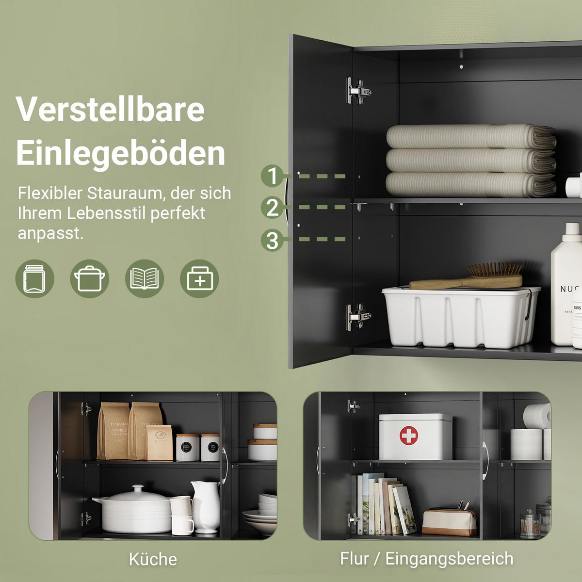 HÄNGESCHRANK schwarz, 90 x 60 x 30 cm, mit verstellbarem Einlegeboden, Badezimmerschrank hängend für Küche und Flur - Schwarz, Holzwerkstoff (90/60/30cm) - SoBuy