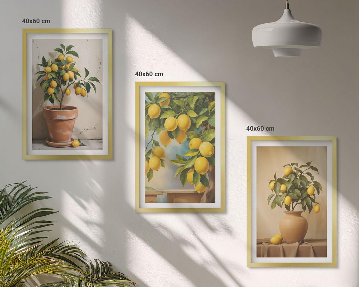 BILDER SET 3er Set - 40x60 cm Goldrahmen - Zitronenbäumchen im Topf und in der Vase - Goldfarben, Kunststoff (40/60cm) - TULUP