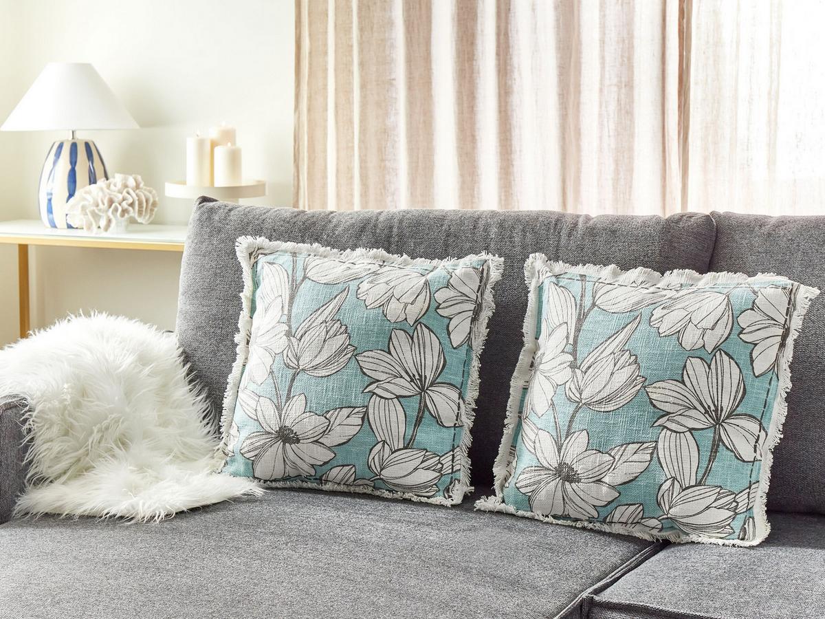 DEKOKISSEN 2er-Set Weiß 45/45 cm Cyanotis - Blau/Weiß, Textil (45/45cm) - Beliani